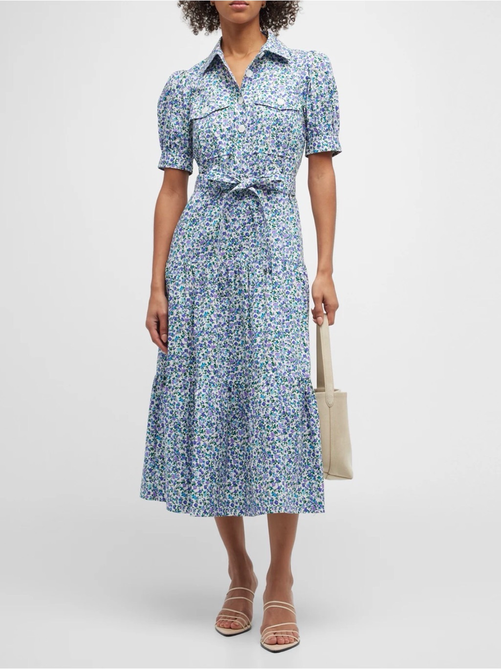 10 Crosby Derek Lam Blue Floral Tie-Waist Midi Shirt Dress